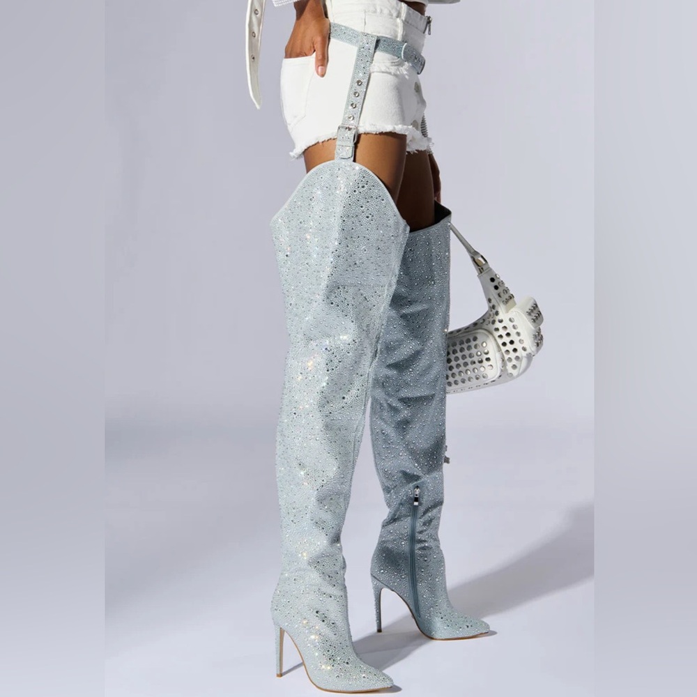 AKIRA Azalea Wang Jinny Embellished Thigh High Denim Chap Boot